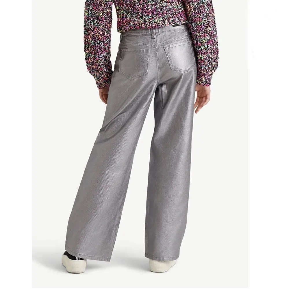 Girls Wide Leg Silver Denim Pleather Pants Size 12